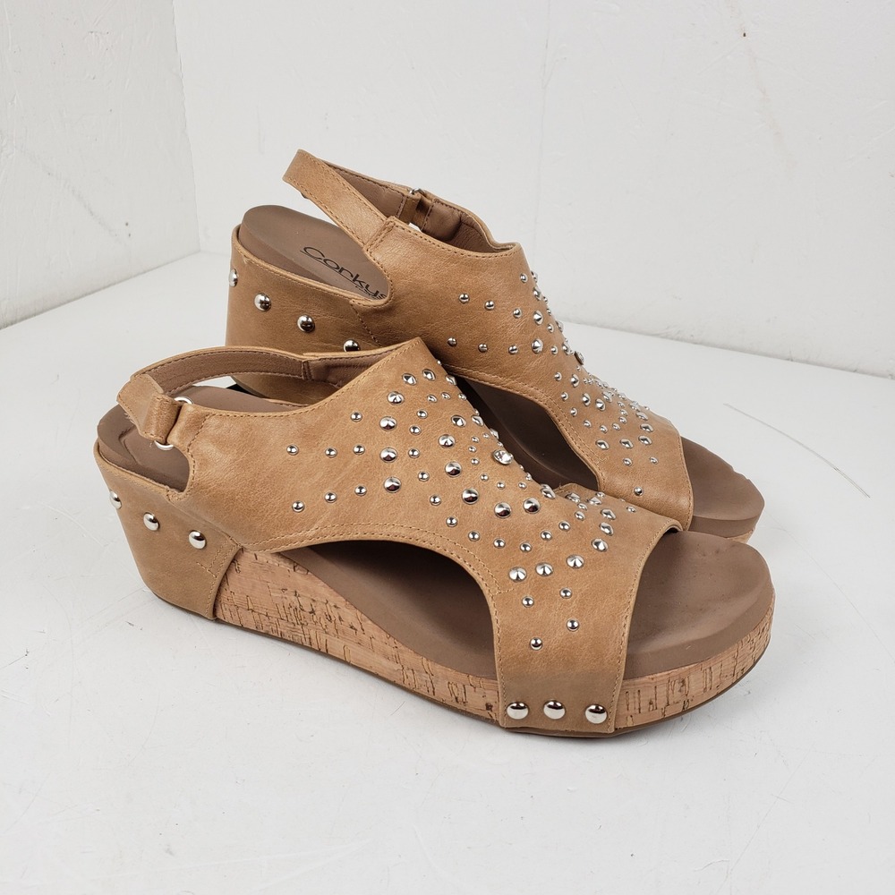 Corkys Docie Doe Tan Studded Wedge Sandals Womens 11 Rhinestone Slingback